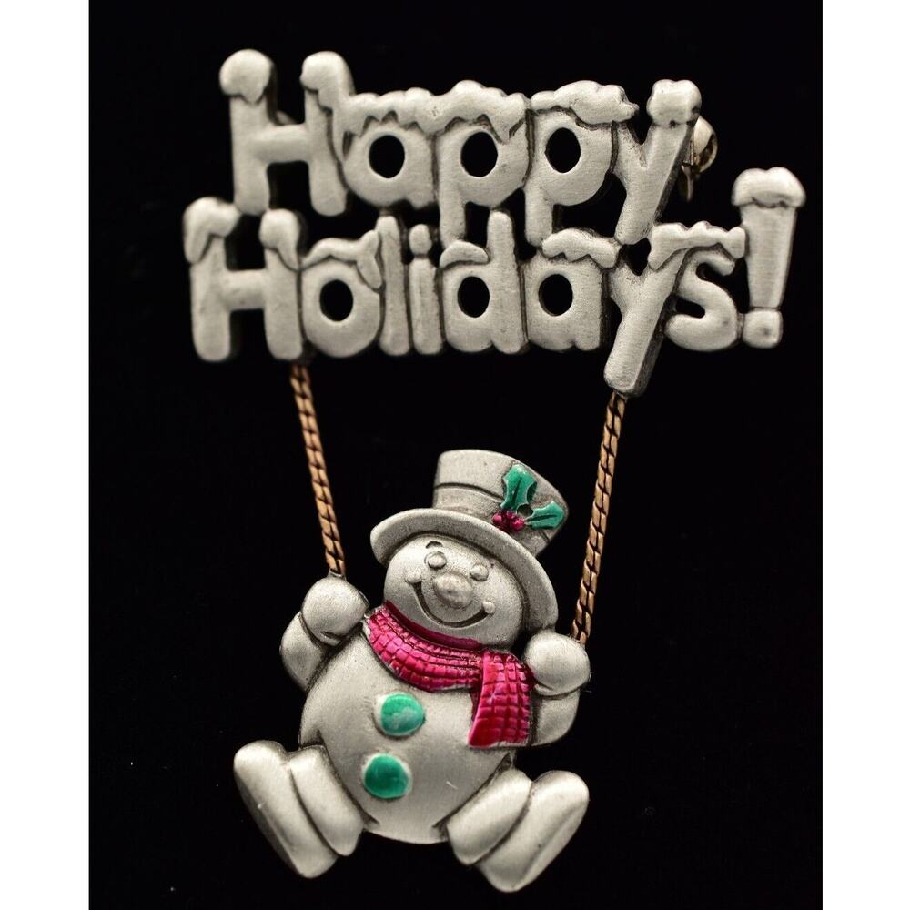 Spoontiques Vintage Snowman Pin Brooch Happy Holidays Christmas Signed BinBA